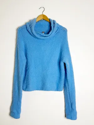Free People Stormy Pullover Sweater Blue Cowl Neck Fuzzy Large thumbnail 8