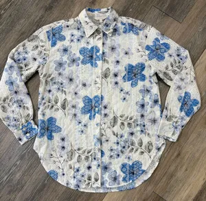 Adiva Button Front Blouse Medium Blue Floral Sheer Long Sleeve Shirt Top thumbnail 1