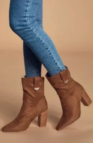 Lulus Brown Faux Suede Pointed Toe Slouchy Block Heel Boots Women 8 Western Boho thumbnail 1