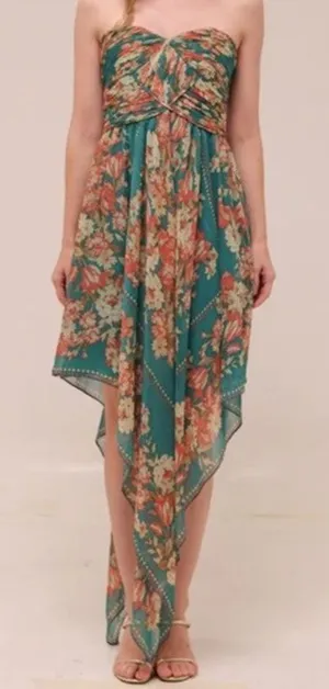 Y2k strapless Teal Floral Mariselle Garden Drape Midi Dress thumbnail 1