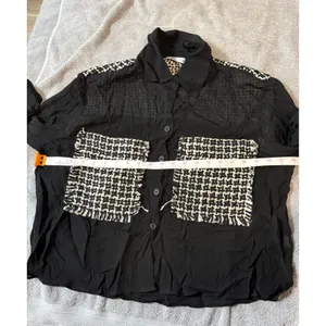 ZARA Black Sheer Blouse Black White Cream Tweed Pockets Button Up‎ Size Medium thumbnail 5