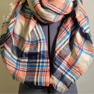Women's Blanket Oversized Scarf Cream White Red Blue Navy Plaid Frayed Hem thumbnail 3