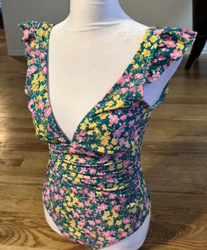 Floral Ruffle V-Neck One Piece Swimsuit‎ Teal Pink Yellow Ruched Low Back small thumbnail 1