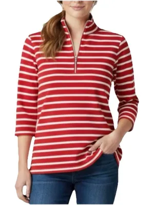 LL Bean Red White Stripes 1/4 Zip‎ French Sailor Pullover Top Size LARGE thumbnail 1