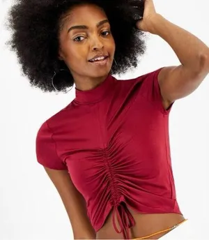 Crave Fame Burgundy short sleeve ruched #cropped #shirt #top thumbnail 1