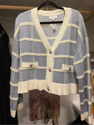 MABEL Cream-Trim Blue Striped V-Neck Cardigan thumbnail 1