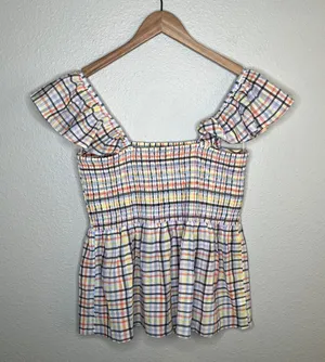 multicolor plaid smocked off shoulder baby doll top size large thumbnail 9