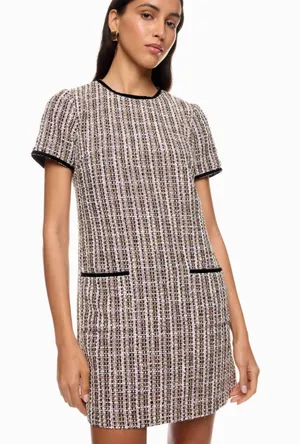 CeCe Tweed Shift Dress with Patch Pockets, Black/Pink/Gold/White, Size 4 thumbnail 1