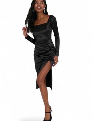 Lulus Satin Dress Sz XS Fabulous Encounters Midi Classic Black Special Events thumbnail 4