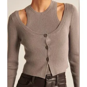 Abercrombie & Fitch Sweater Set Womens Large Brown Ribbed Knit Cardigan Tank thumbnail 3