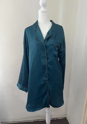 Vintage Victoria's Secret Gold Label Satin Pajama Shirt Dress Green Monogramed thumbnail 1