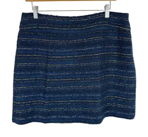 LOFT Blue Gold Shimmery Wool Blend Straight Lined Boucle‎ Mini Skirt Size 12 thumbnail 1