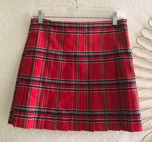 Red plaid pleated mini skirt with black and white stripes and pleats thumbnail 1