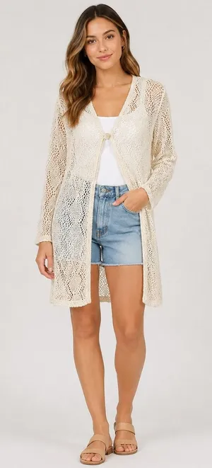 Cream Open Knit Sheer Lace Long Sleeve Duster Cardigan Boho Festival Hippie thumbnail 1