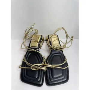 Top Shop Ankle Wrap Sandals Size‎ 6US Gold Black Square Toe Block Heel thumbnail 4
