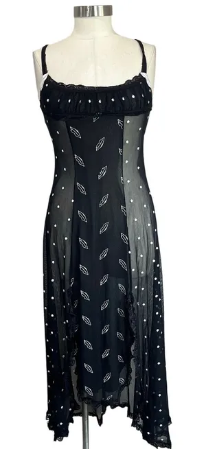 Flora Nikrooz Sheer‎ Vintage Black Slip Dress Y2K Mesh Lip Print Size XS thumbnail 1