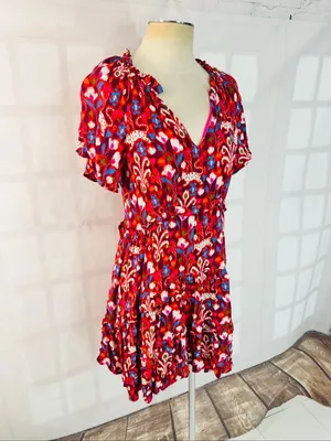 Anthropologie Red Pink Robin Floral Ruffle‎ Tiered V-Neck Mini Dress Size XS thumbnail 4