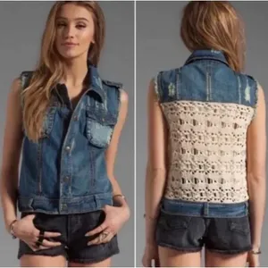 Free People XS Blue Denim Vest Crochet Boho Cowgirl‎ Country Jacket thumbnail 10