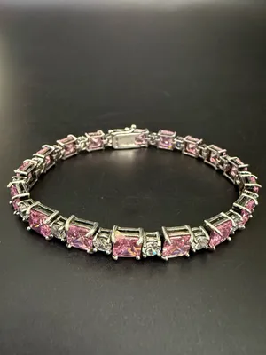 Vintage 925 Sterling Silver Princess Cut Pink CZ & Clear Round Tennis Bracelet thumbnail 2