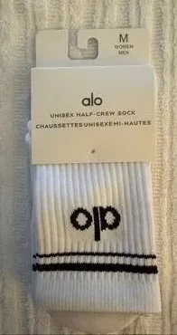 ALO Yoga Unisex White Crew Athletic Socks with Black Accent Logo - Size M (3) thumbnail 1