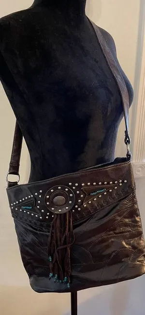 Brown leather BOHO Southwest fringe bag purse studded Turquoise Accent Aztec thumbnail 1