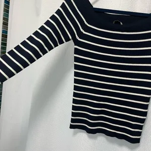 Abercrombie & Fitch Navy and White striped off the shoulder sweater thumbnail 9