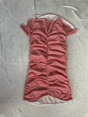 Edikted Gaia Gathered Mini Dress Red White Size XS Ruffle Hem Strapless Ruched thumbnail 8