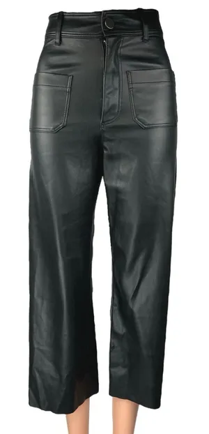 Zara Black Faux Vegan Leather Straight Wide Leg High Rise Crop Trousers Pants 0 thumbnail 1