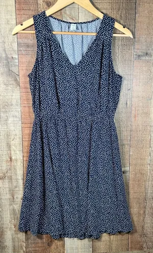Old Navy Navy Blue Polka Dot Rayon Fit & Flare V-Neck Elastic Waist Dress Medium thumbnail 1