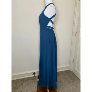 Azazie Teal Blue Strappy High Neck Halter Dress Sz 10A thumbnail 3