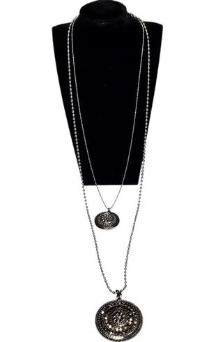 Chico’s Roxi Double Chain Silver Tone Medallion Pendant 24" thumbnail 1
