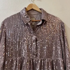 Anthropologie Maeve Bettina Mini Shirt Dress in Sparkly Silver Sequins Size XS‎ thumbnail 4
