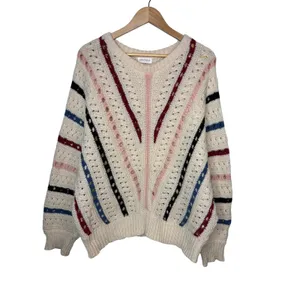 Vestique Sweater Womens Large Cream Multi Stripe Pointelle Knit Oversized Boho‎ thumbnail 3