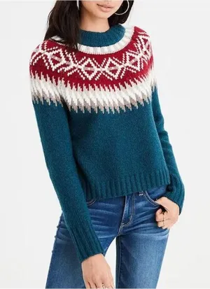 American Eagle Fair Isle Yoke Sweater - Teal Blue - Size M - Cotton Blend thumbnail 1