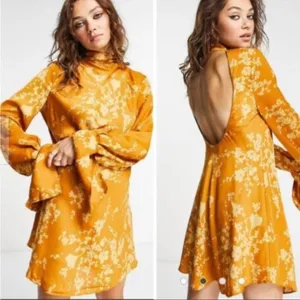 Free People‎ Dress Aries Floral High Neck Open Back Dress Gold Floral XS thumbnail 2