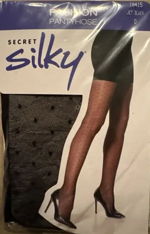 Secret Silky Fashion Pantyhose by Gildan " Jet Black w/ dot design" New Packaged thumbnail 1