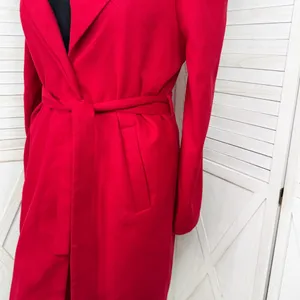 OnTwelfth Coat Women Size XL Red Puff Shoulder Sleeve Belted‎ Trench Long Cherry thumbnail 6