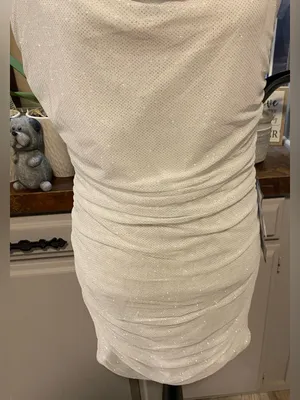 NWT B. Darlin Junior’s Off-Shoulder Glitter White Mesh Ruched Bodycon Dress thumbnail 4