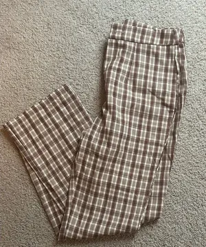 SHEIN Women’s Plaid Chino Pants Brown Cream Straight Leg Trousers thumbnail 1