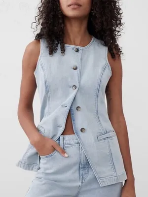 Banana Republic 4 Long Cutaway Vest Acid Light Wash Denim Office Work High Neck thumbnail 2