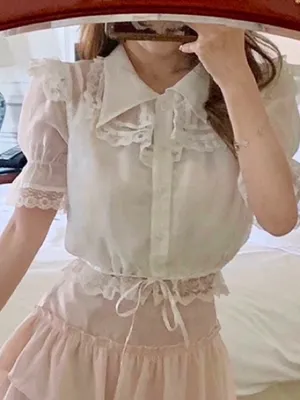 Japanese Kawaii White Lace Ruffle Elegant Lace Blouse Crop Top thumbnail 6