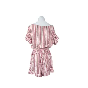 Loft Candy Stripe Romper LARGE Ruffled Sleeves Boat Neck Red Pink Tan thumbnail 3