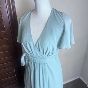 Azazie Zaniah bridesmaid dress Sea Glass green wrap chiffon flutter sleeve A4 thumbnail 3