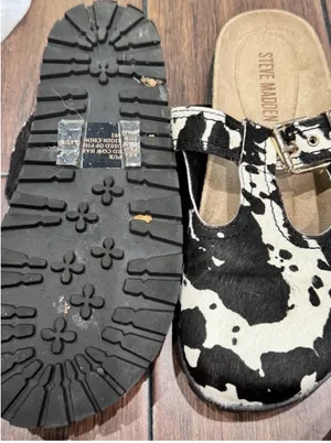 Steve Madden 'Atticus' Black & White Cow Print Calf Hair T-Strap Buckle Clogs thumbnail 6