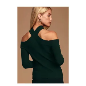 NWT- Lulus Green Ribbed Cold Shoulder Cropped Sweater Top M thumbnail 2