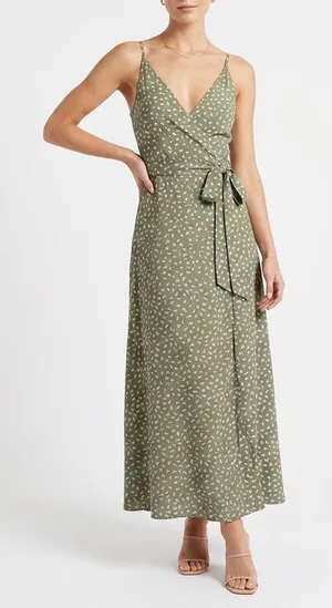 SHEIN Sage Green Abstract Petal Print V-Neck Maxi Dress XL US 12 Spaghetti Strap thumbnail 1