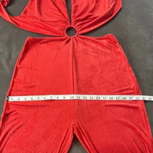 Women’s Red Deep V-Neck Halter Jumpsuit Ring Accent Wide Leg BodyCon Size L NEW thumbnail 12