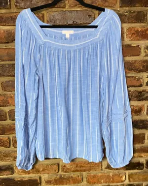 Lauren Conrad Blue Striped Long Sleeve Square Neck Top Women's Size Large thumbnail 1