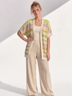 NEW Very J Open Front Cardigan Sweater SMALL Short Sleeve Striped Pastel Beige thumbnail 3