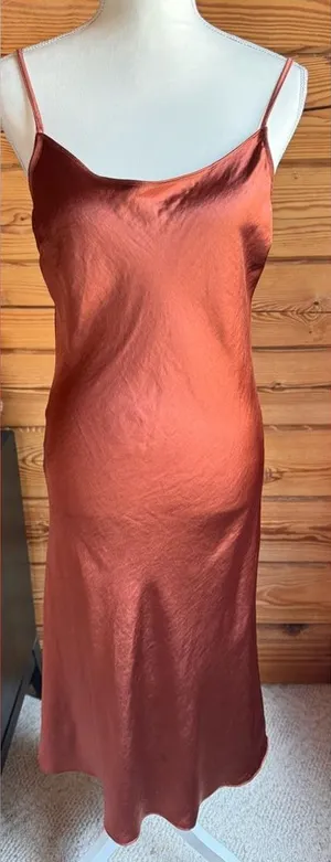 Mimi & Dottie Sleek Satin Midi Slip Dress in Rust size Medium w spaghetti strap thumbnail 1